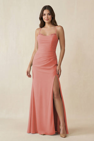 Cami Strap Sheath Chiffon Bridesmaid Dress with Slit in Mulberry - SHE IS ME Bridesmaid Dresses