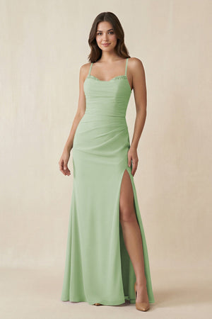 Cami Strap Sheath Chiffon Bridesmaid Dress with Slit in Sage - SHE IS ME Bridesmaid Dresses