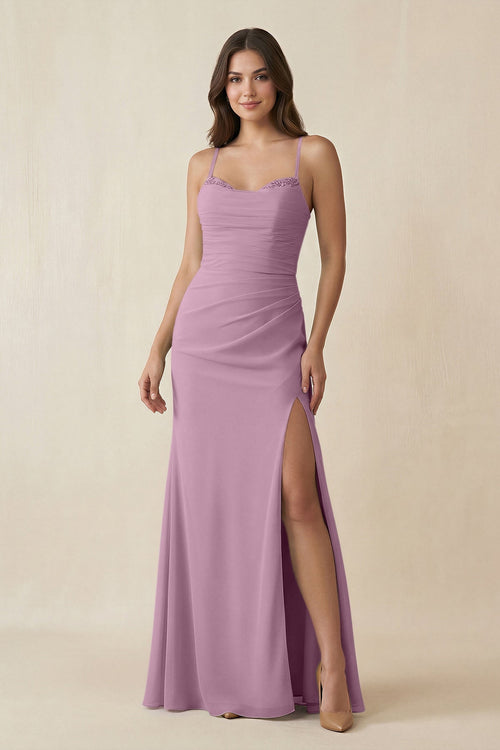 Cami Strap Sheath Chiffon Bridesmaid Dress with Slit in Wisteria - SHE IS ME Bridesmaid Dresses