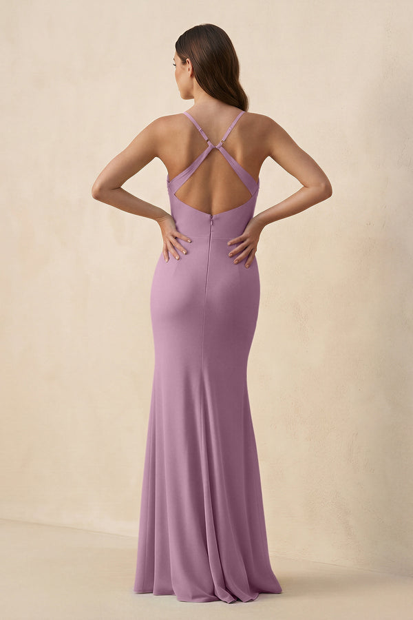 Cami Strap Sheath Chiffon Bridesmaid Dress with Slit in Wisteria - SHE IS ME Bridesmaid Dresses