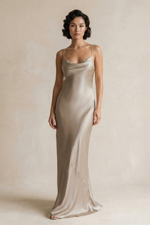 Cami Strap Sheath Satin Bridesmaid Dress in Almond - SHE IS ME Bridesmaid Dresses