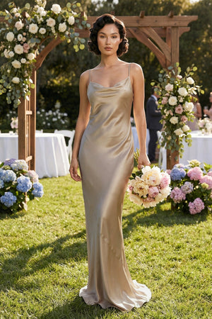 Cami Strap Sheath Satin Bridesmaid Dress in Almond - SHE IS ME Bridesmaid Dresses