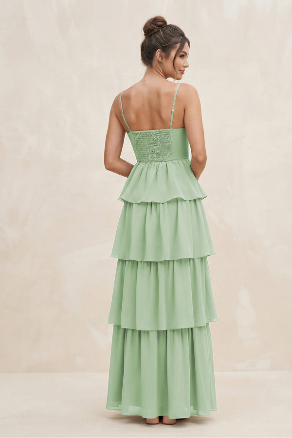 Cami Strap Tiered A-Line Chiffon Bridesmaid Dress in Sage - SHE IS ME BRIDESMAID DRESSES