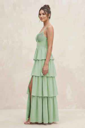 Cami Strap Tiered A-Line Chiffon Bridesmaid Dress in Sage - SHE IS ME BRIDESMAID DRESSES