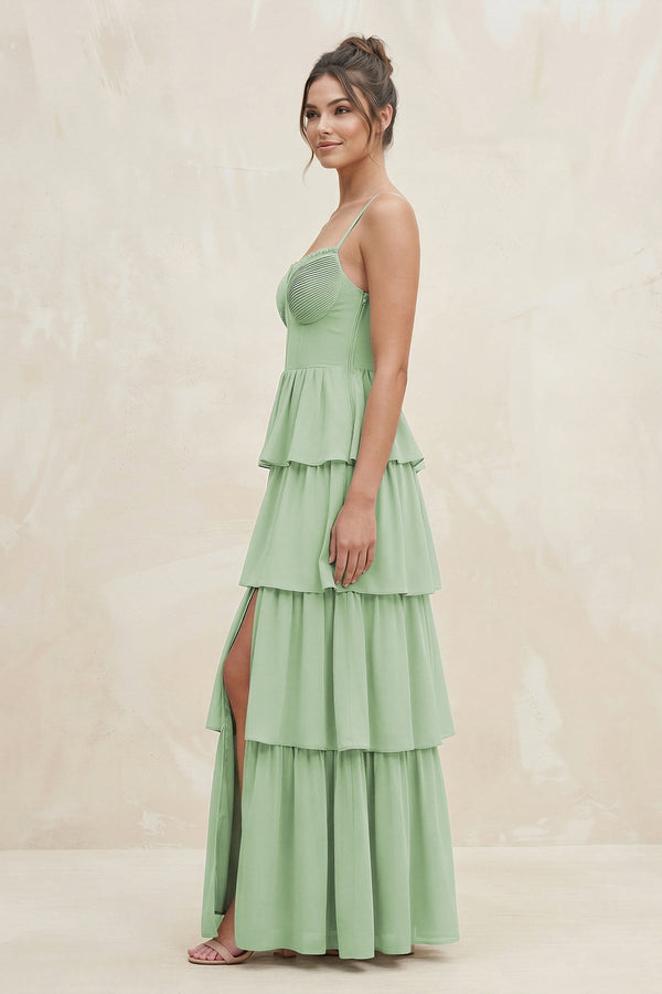 Cami Strap Tiered A-Line Chiffon Bridesmaid Dress in Sage - SHE IS ME BRIDESMAID DRESSES