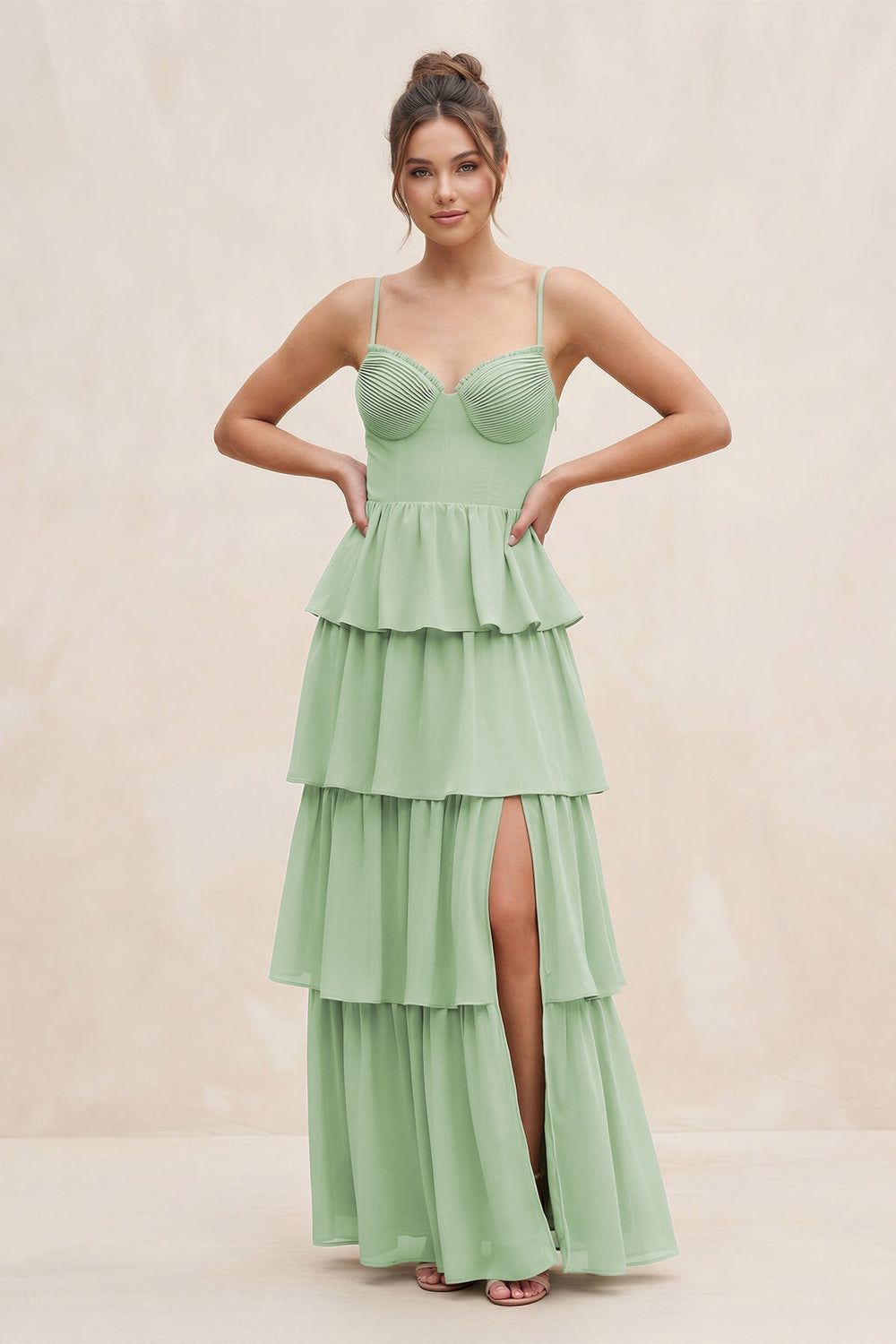 Cami Strap Tiered A-Line Chiffon Bridesmaid Dress in Sage - SHE IS ME BRIDESMAID DRESSES