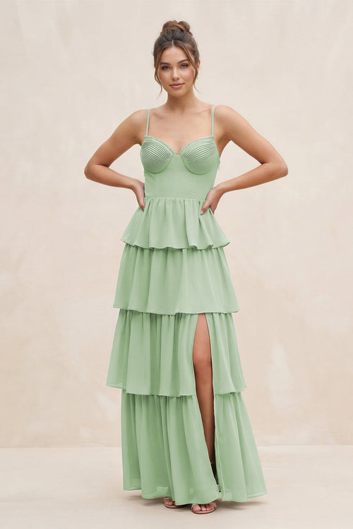 Cami Strap Tiered A-Line Chiffon Bridesmaid Dress in Sage - SHE IS ME BRIDESMAID DRESSES