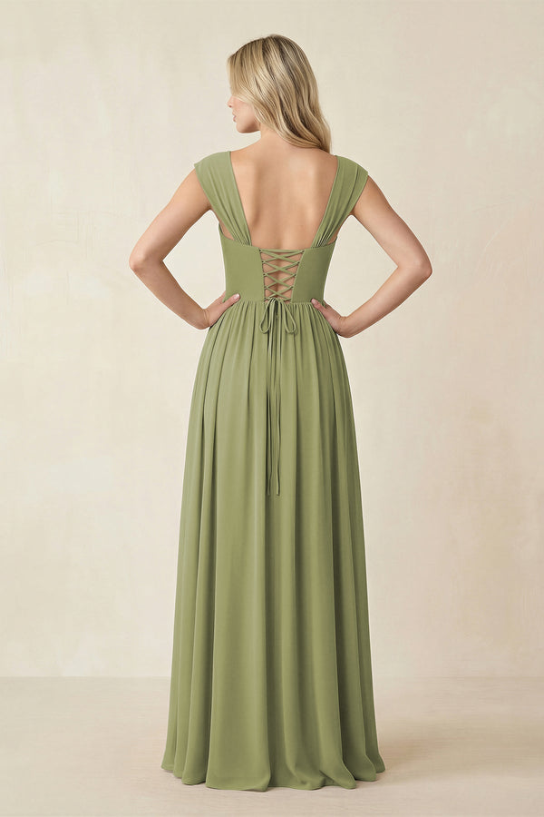 Cap Sleeve Corset A - Line Chiffon Bridesmaid Dress in Moss Green - SHE IS ME Bridesmaid Dresses