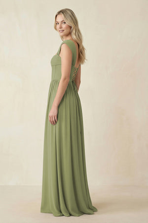 Cap Sleeve Corset A - Line Chiffon Bridesmaid Dress in Moss Green - SHE IS ME Bridesmaid Dresses