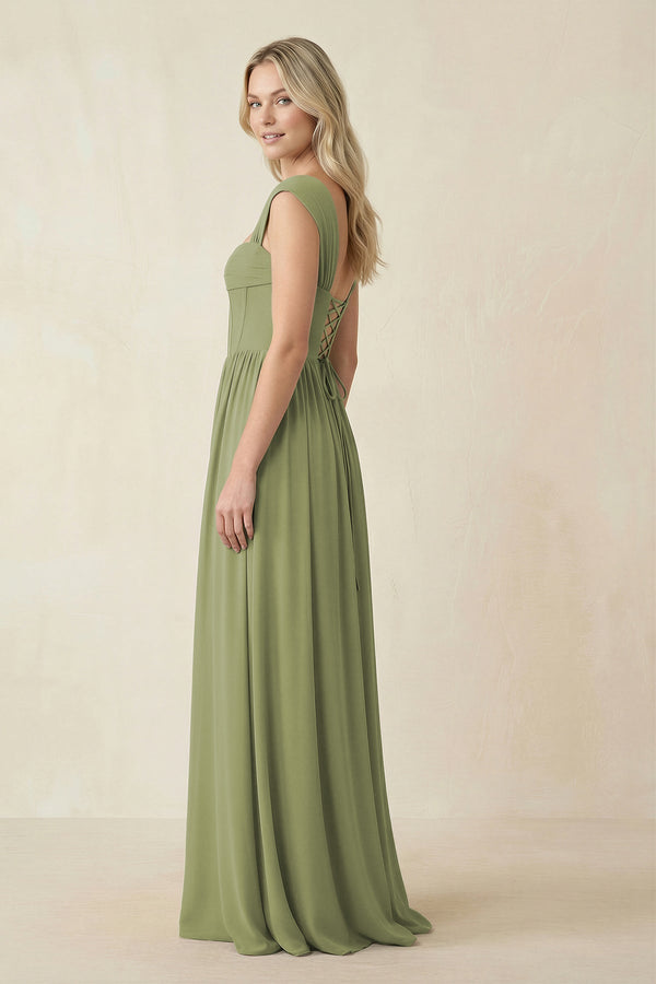 Cap Sleeve Corset A - Line Chiffon Bridesmaid Dress in Moss Green - SHE IS ME Bridesmaid Dresses