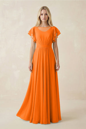 Cap Sleeve Ruffled A - Line Chiffon Bridesmaid Dress in Cinnamon - SHE IS ME Bridesmaid Dresses