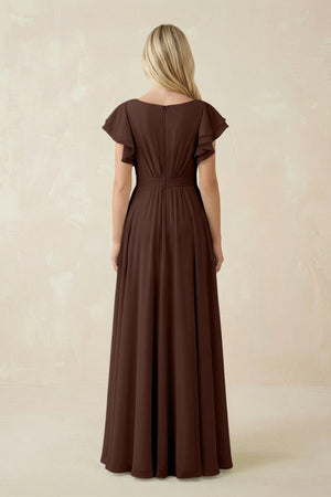 Cap Sleeve Ruffled A - Line Chiffon Bridesmaid Dress in Espresso - SHE IS ME Bridesmaid Dresses