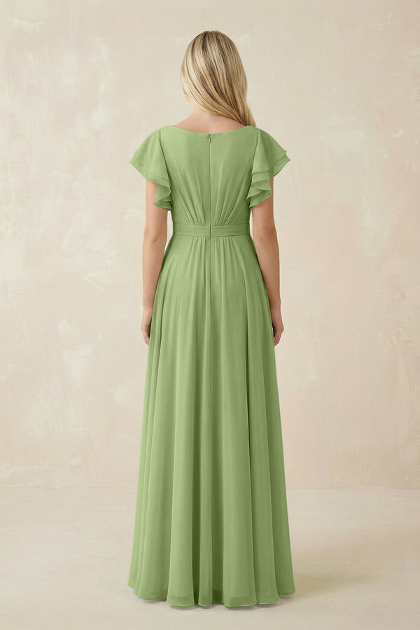 Cap Sleeve Ruffled A - Line Chiffon Bridesmaid Dress in Matcha - SHE IS ME Bridesmaid Dresses