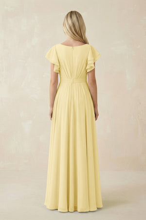Cap Sleeve Ruffled A - Line Chiffon Bridesmaid Dress in Pastel Yellow - SHE IS ME Bridesmaid Dresses