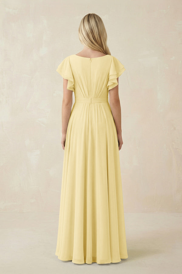 Cap Sleeve Ruffled A - Line Chiffon Bridesmaid Dress in Pastel Yellow - SHE IS ME Bridesmaid Dresses