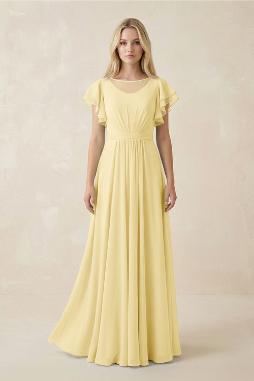Cap Sleeve Ruffled A - Line Chiffon Bridesmaid Dress in Pastel Yellow - SHE IS ME Bridesmaid Dresses
