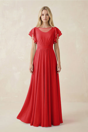 Cap Sleeve Ruffled A - Line Chiffon Bridesmaid Dress in Ruby Red - SHE IS ME Bridesmaid Dresses