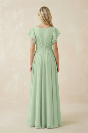 Cap Sleeve Ruffled A - Line Chiffon Bridesmaid Dress in Sage - SHE IS ME Bridesmaid Dresses