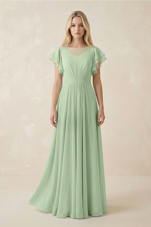 Cap Sleeve Ruffled A - Line Chiffon Bridesmaid Dress in Sage - SHE IS ME Bridesmaid Dresses