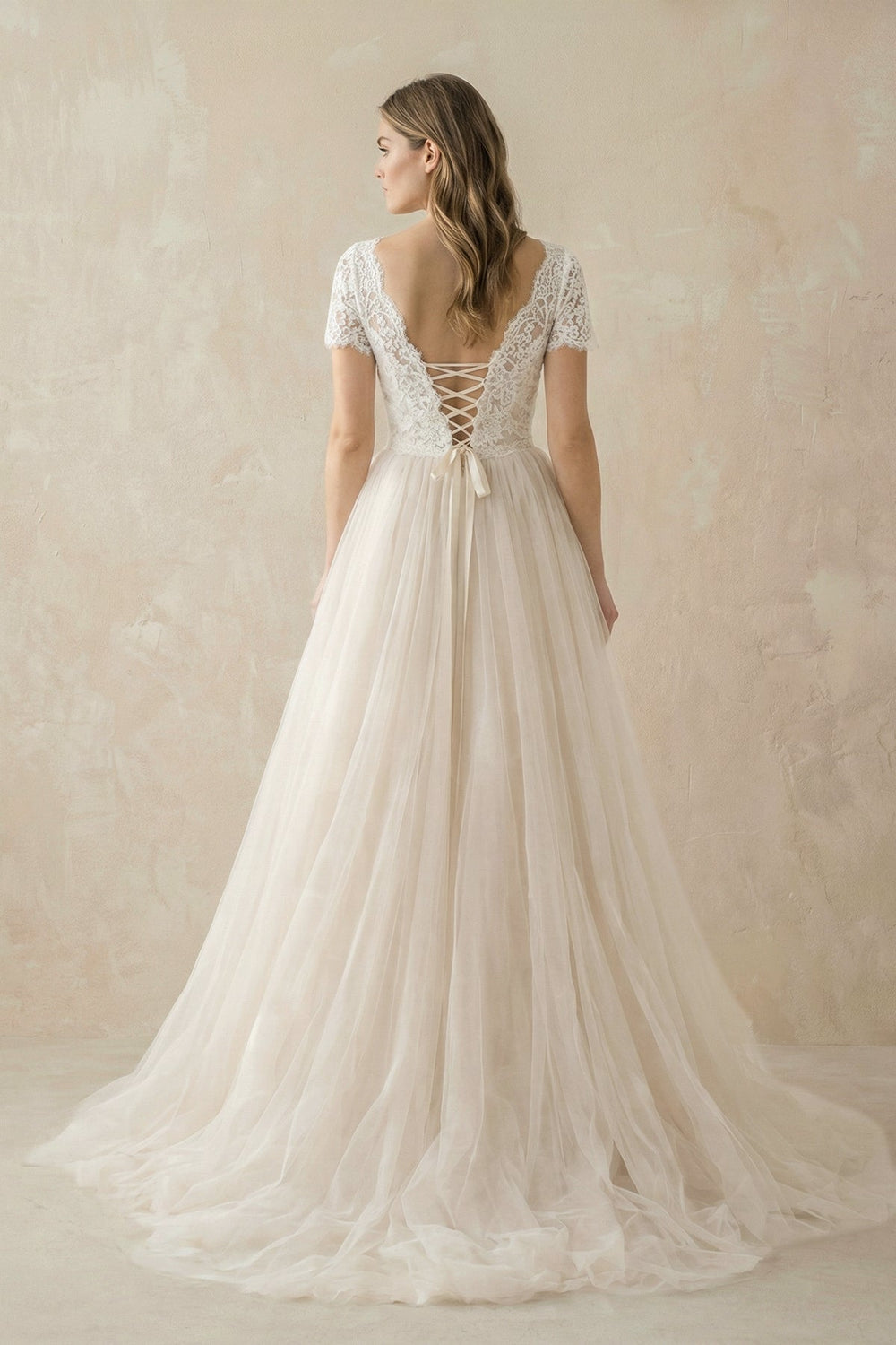 Champagne Lace Cap Sleeve A - Line Wedding Dress - SHE IS ME Wedding Dresses