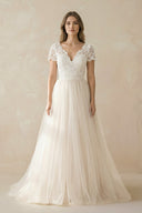 Champagne Lace Cap Sleeve A - Line Wedding Dress - SHE IS ME Wedding Dresses