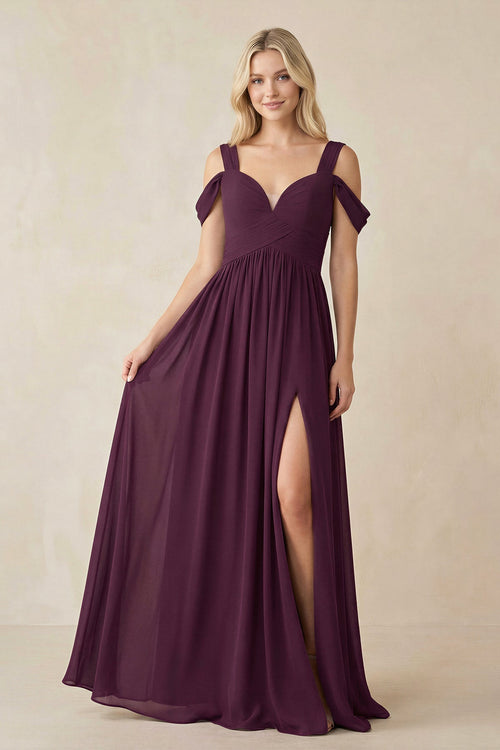 Chiffon A-Line Bridesmaid Dress in Berry with Slit - SHE IS ME BRIDESMAID DRESSES