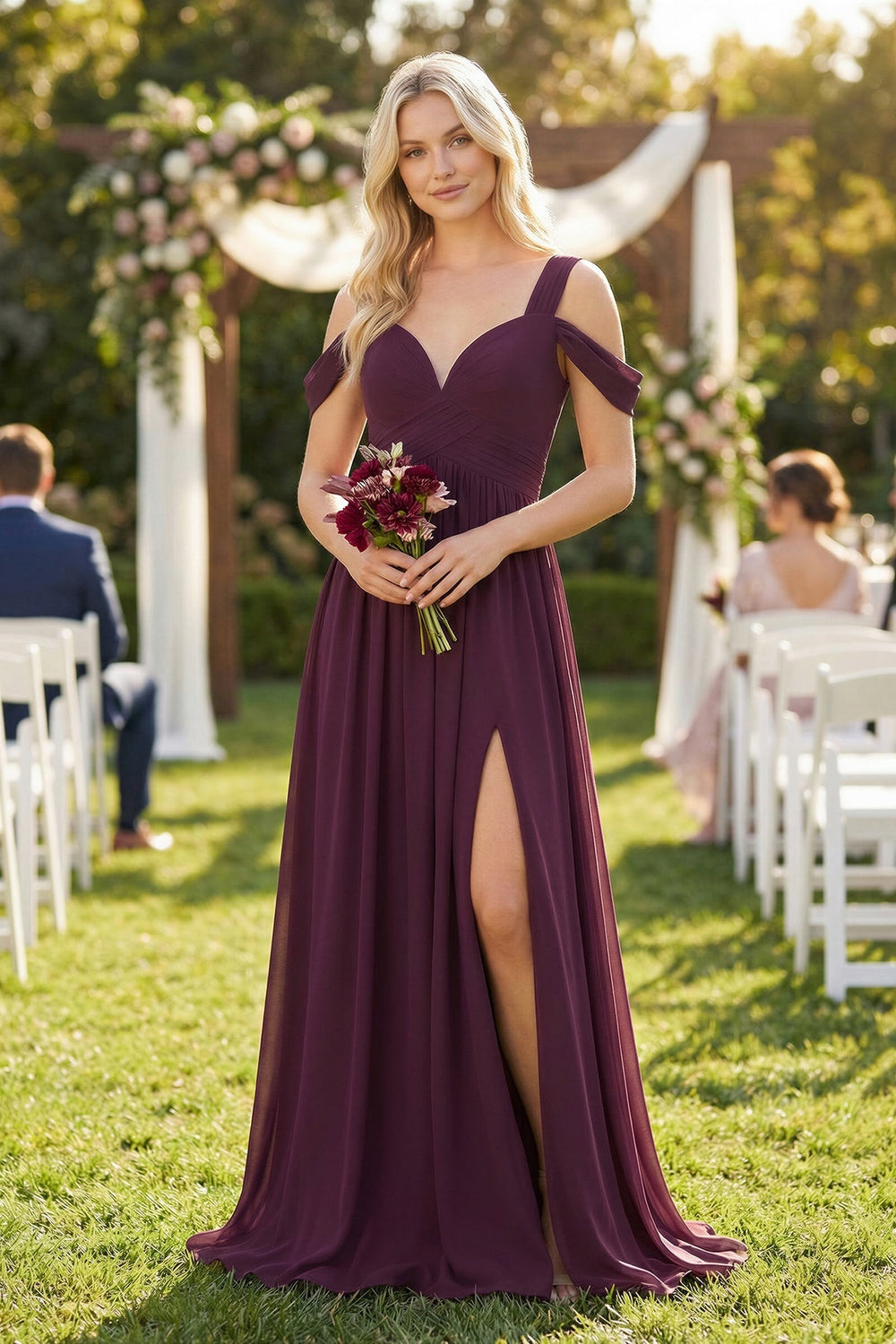 Chiffon A-Line Bridesmaid Dress in Berry with Slit - SHE IS ME BRIDESMAID DRESSES