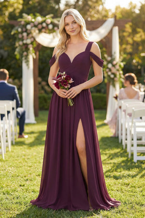 Chiffon A-Line Bridesmaid Dress in Berry with Slit - SHE IS ME BRIDESMAID DRESSES