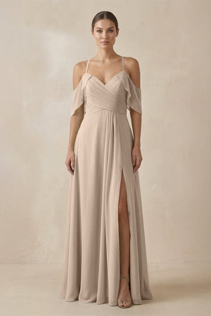 Chiffon A - Line Long Bridesmaid Dress in Almond - SHE IS ME Bridesmaid Dresses