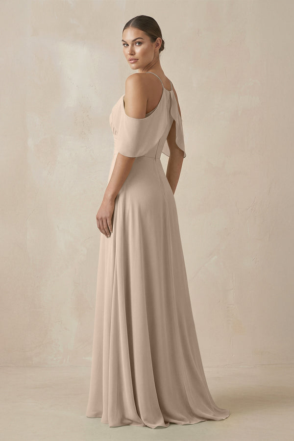 Chiffon A - Line Long Bridesmaid Dress in Almond - SHE IS ME Bridesmaid Dresses
