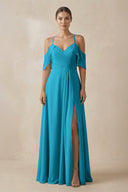 Chiffon A - Line Long Bridesmaid Dress in Blue Jay - SHE IS ME Bridesmaid Dresses