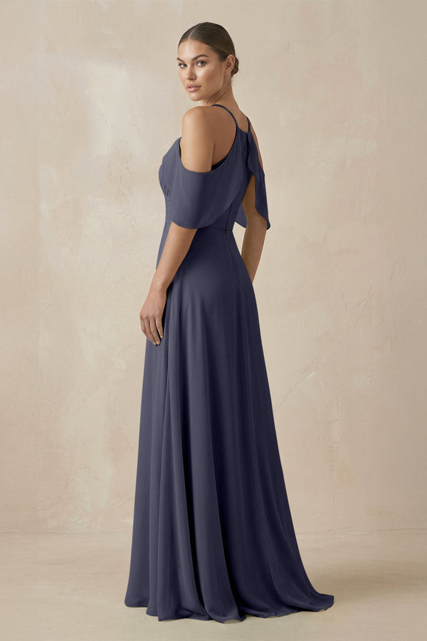 Chiffon A - Line Long Bridesmaid Dress in Dusk Blue - SHE IS ME Bridesmaid Dresses