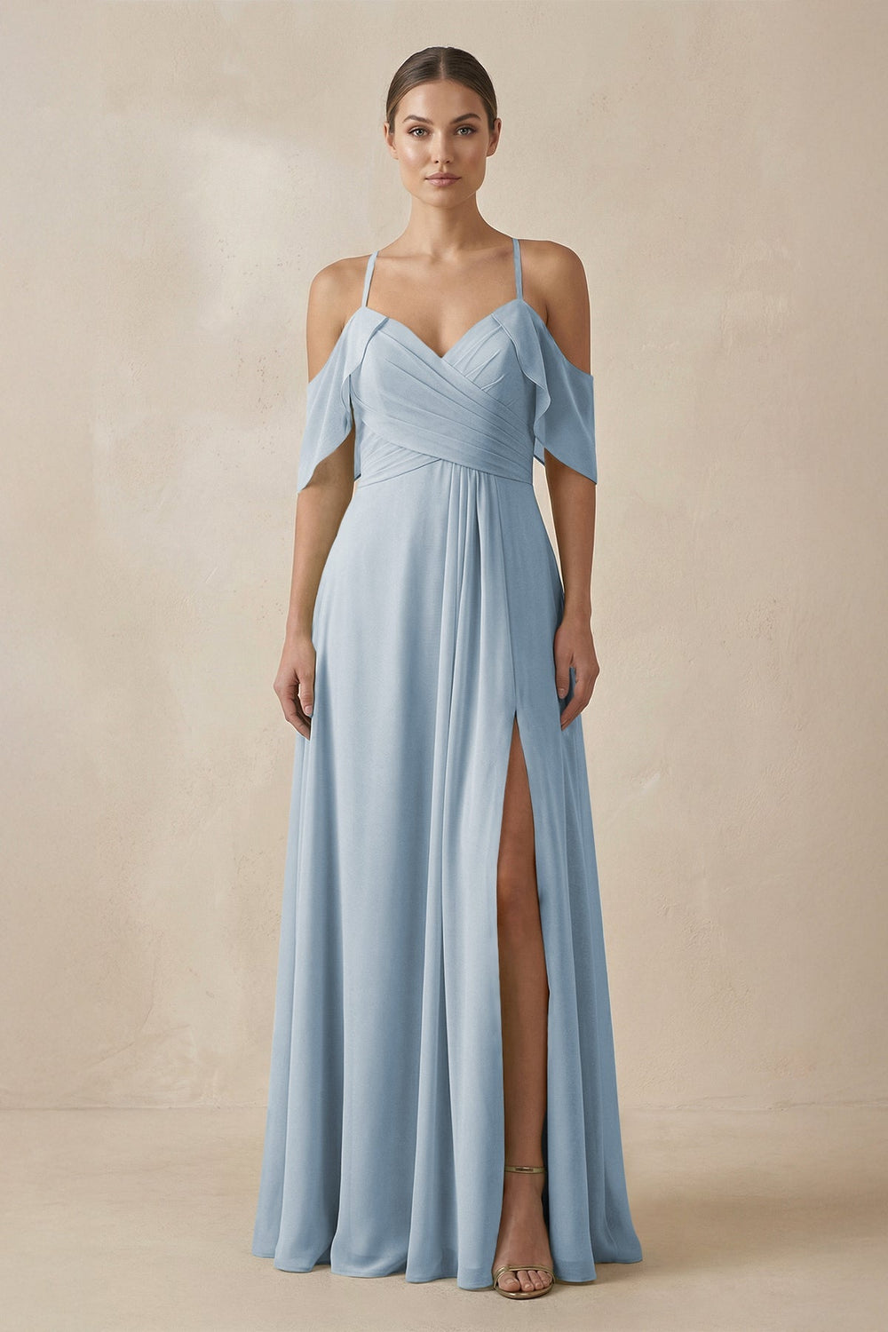 Chiffon A - Line Long Bridesmaid Dress in Dusty Blue - SHE IS ME Bridesmaid Dresses