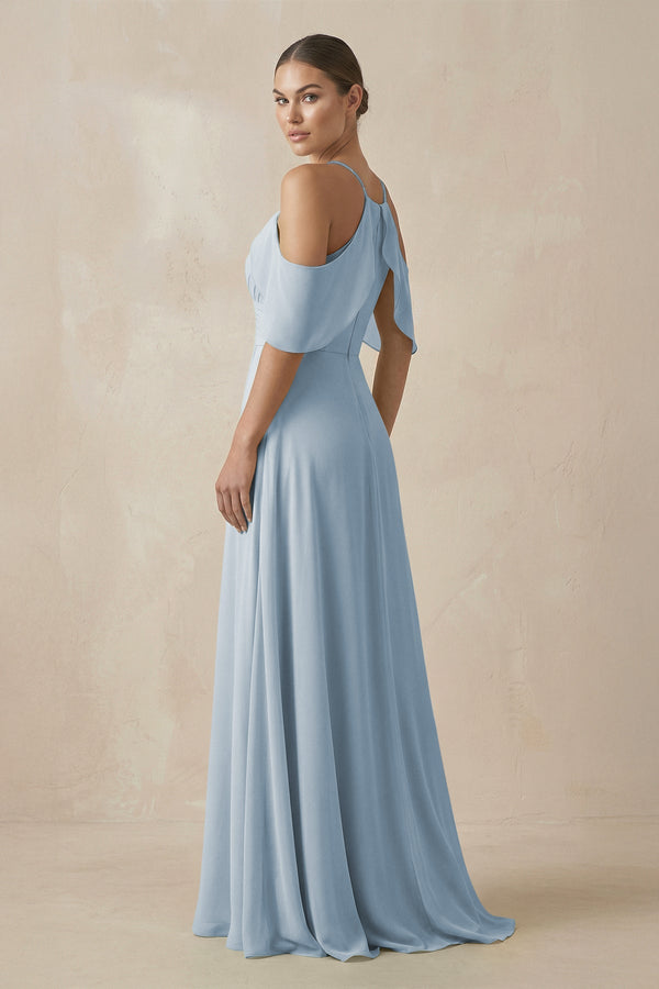 Chiffon A - Line Long Bridesmaid Dress in Dusty Blue - SHE IS ME Bridesmaid Dresses