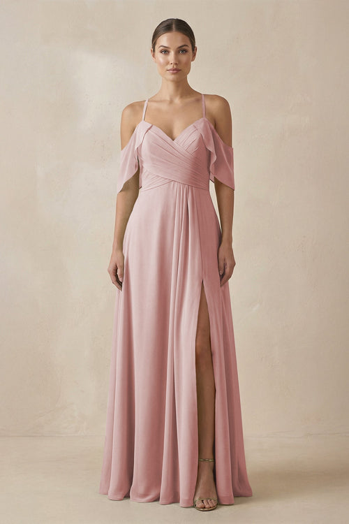 Chiffon A - Line Long Bridesmaid Dress in Dusty Rose - SHE IS ME Bridesmaid Dresses