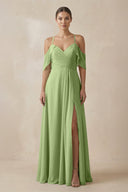 Chiffon A - Line Long Bridesmaid Dress in Matcha - SHE IS ME Bridesmaid Dresses