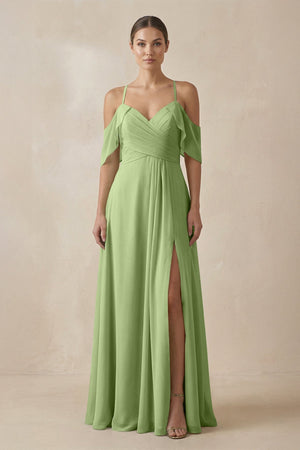 Chiffon A - Line Long Bridesmaid Dress in Matcha - SHE IS ME Bridesmaid Dresses