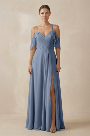 Chiffon A - Line Long Bridesmaid Dress in Neptune - SHE IS ME Bridesmaid Dresses