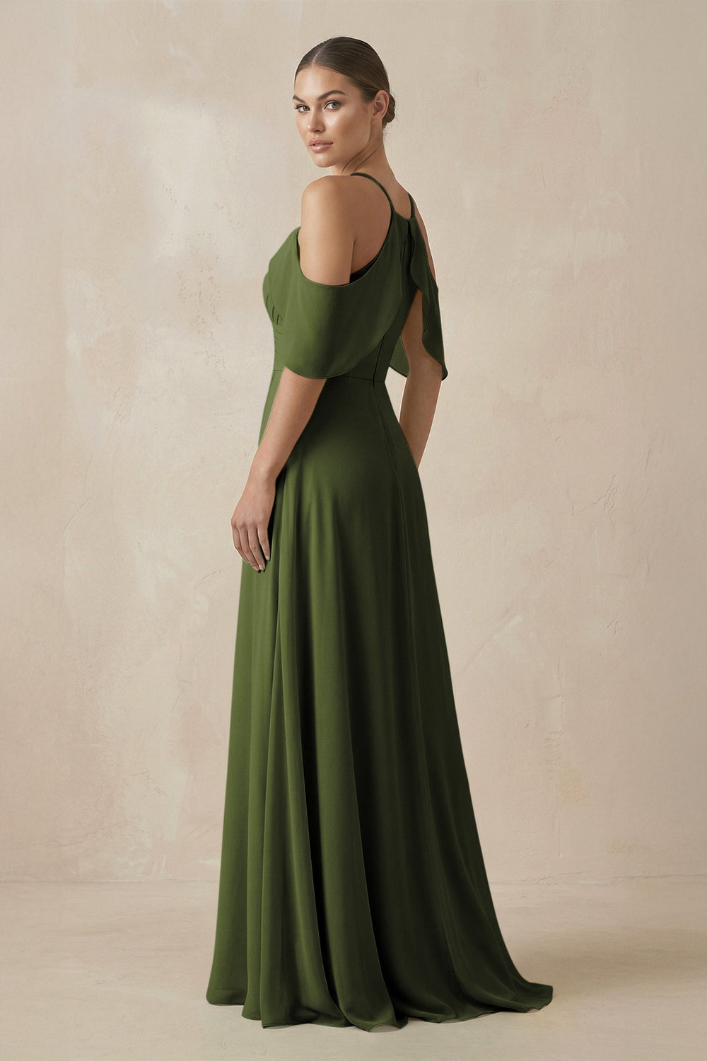 Chiffon A - Line Long Bridesmaid Dress in Olive - SHE IS ME Bridesmaid Dresses
