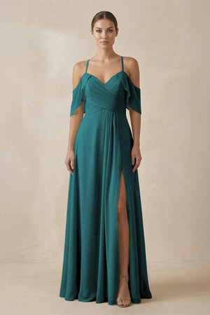 Chiffon A - Line Long Bridesmaid Dress in Pine - SHE IS ME Bridesmaid Dresses