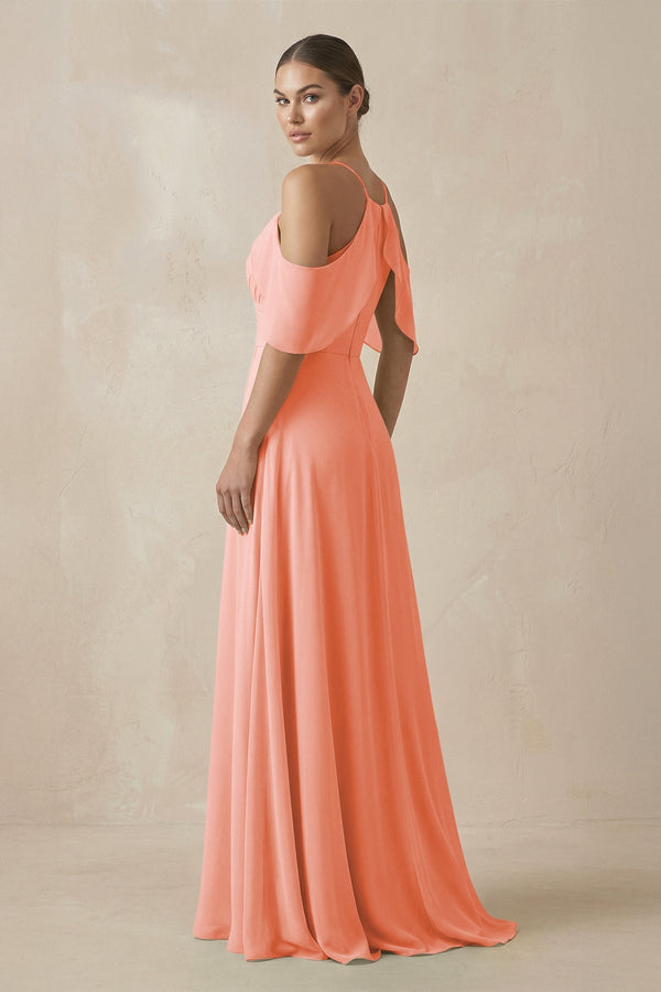 Chiffon A - Line Long Bridesmaid Dress in Rosette - SHE IS ME Bridesmaid Dresses