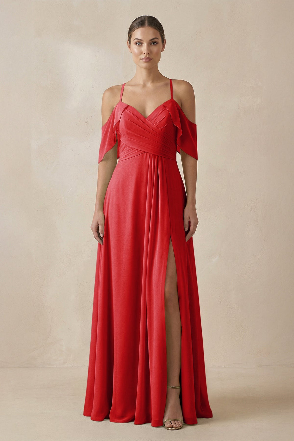 Chiffon A - Line Long Bridesmaid Dress in Ruby Red - SHE IS ME Bridesmaid Dresses