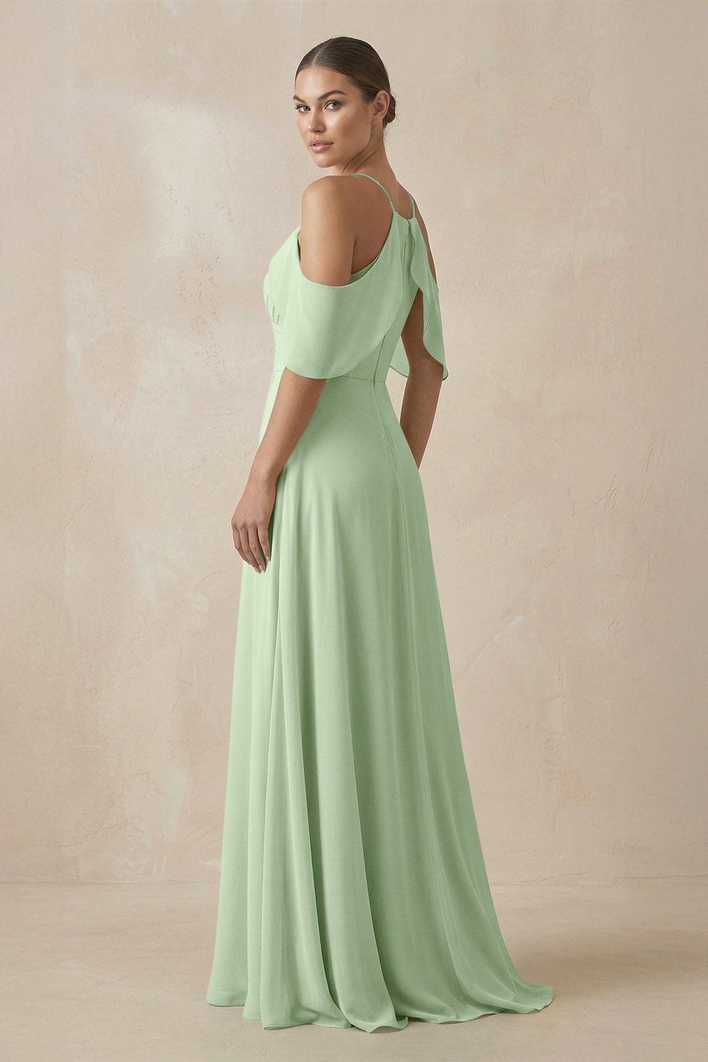 Chiffon A - Line Long Bridesmaid Dress in Sage - SHE IS ME Bridesmaid Dresses