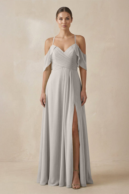 Chiffon A - Line Long Bridesmaid Dress in Silver - SHE IS ME Bridesmaid Dresses