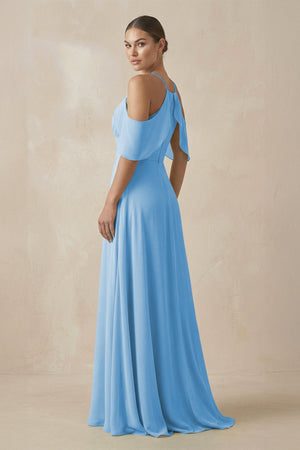 Chiffon A - Line Long Bridesmaid Dress in Steel Blue - SHE IS ME Bridesmaid Dresses