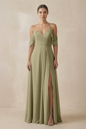 Chiffon A - Line Long Bridesmaid Dress in Thyme - SHE IS ME Bridesmaid Dresses