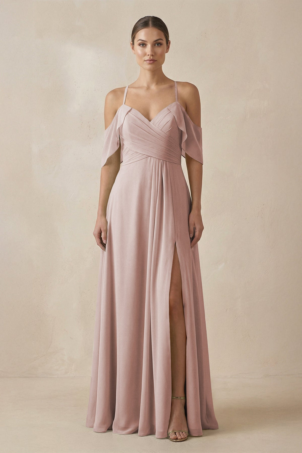 Chiffon A - Line Long Bridesmaid Dress in Toffee - SHE IS ME Bridesmaid Dresses