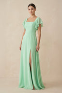 Chiffon A-Line Long Bridesmaid Dress with Flutter Sleeves in Pale Pistachio - SHE IS ME BRIDESMAID DRESSES