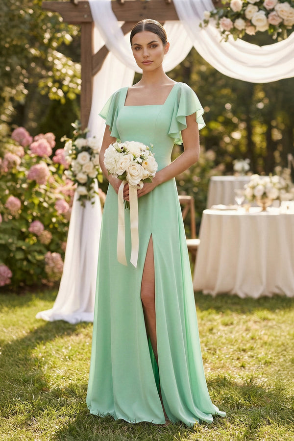 Chiffon A-Line Long Bridesmaid Dress with Flutter Sleeves in Pale Pistachio - SHE IS ME BRIDESMAID DRESSES