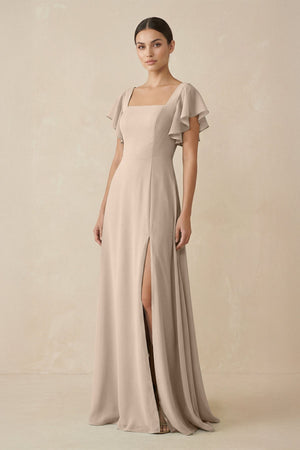 Chiffon A - Line Long Bridesmaid Dress with Flutter Sleeves in Almond - SHE IS ME Bridesmaid Dresses